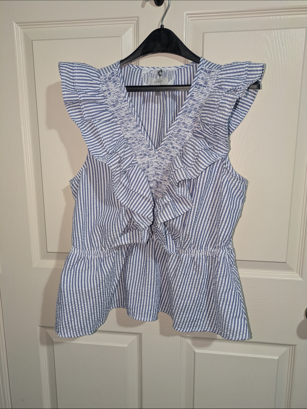 Cupio Blue & White Striped Ruffle Peplum Blouse